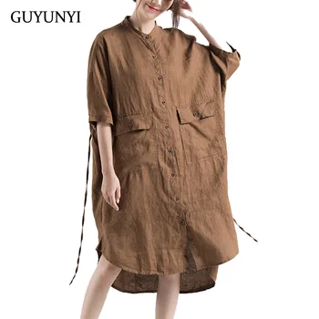 

GUYUNYI Spring summer retro pure color loose shirt dress long section cotton and linen big pocket five points sleeve dress CX953