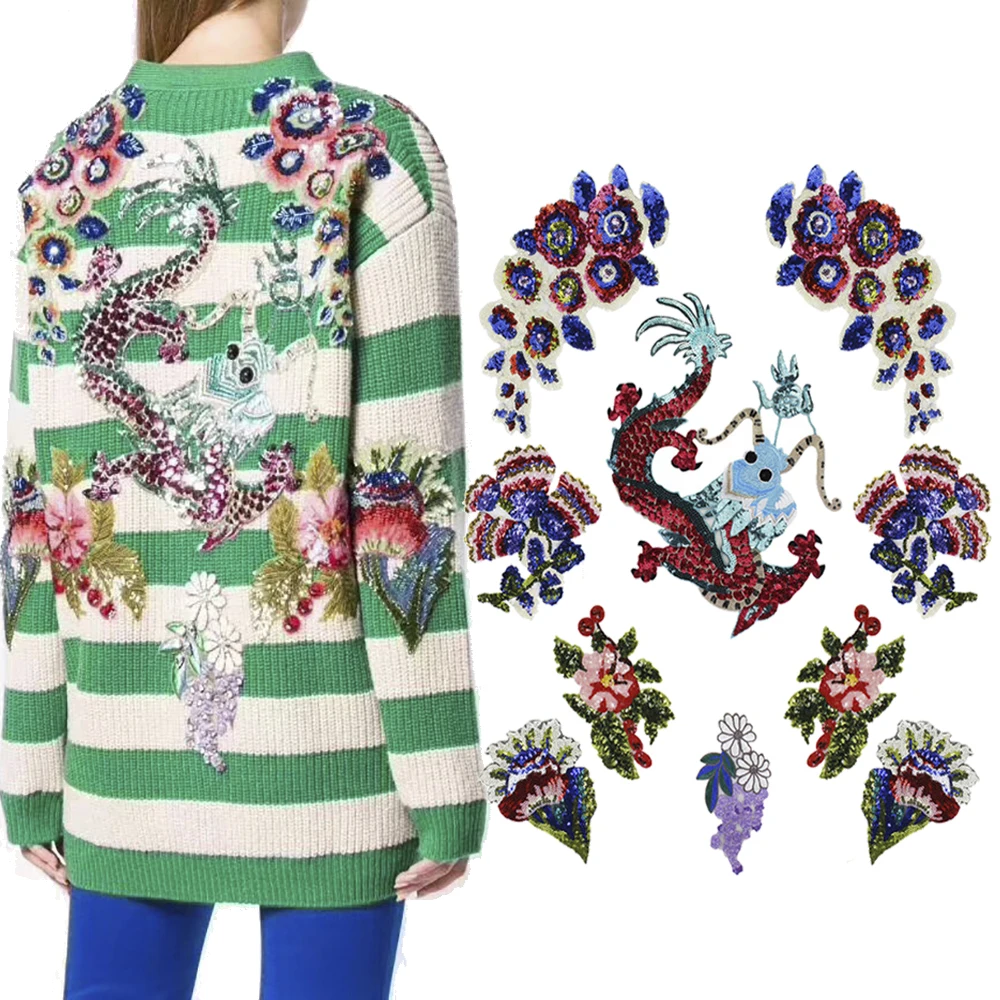 

1set Embroidery Sequin Dragon Flower Fabric Patches Motif Applique Clothes Badges for Jacket Decorated Sewing A95