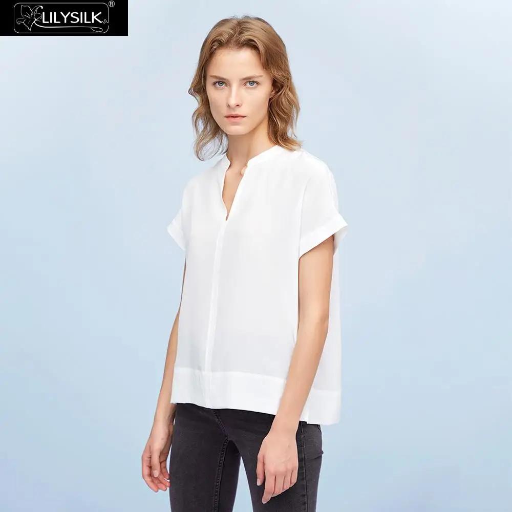 LilySilk Silk Tee Versatile Split Neck Ladies New Free Shipping - Цвет: Natural White