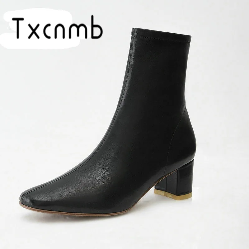 

TXCNMB Sexy Black Women Ankle Boots Genuine Leather High Heels Autumn Winter Motorcycle Boots High Heels Ladies Shoes Woman
