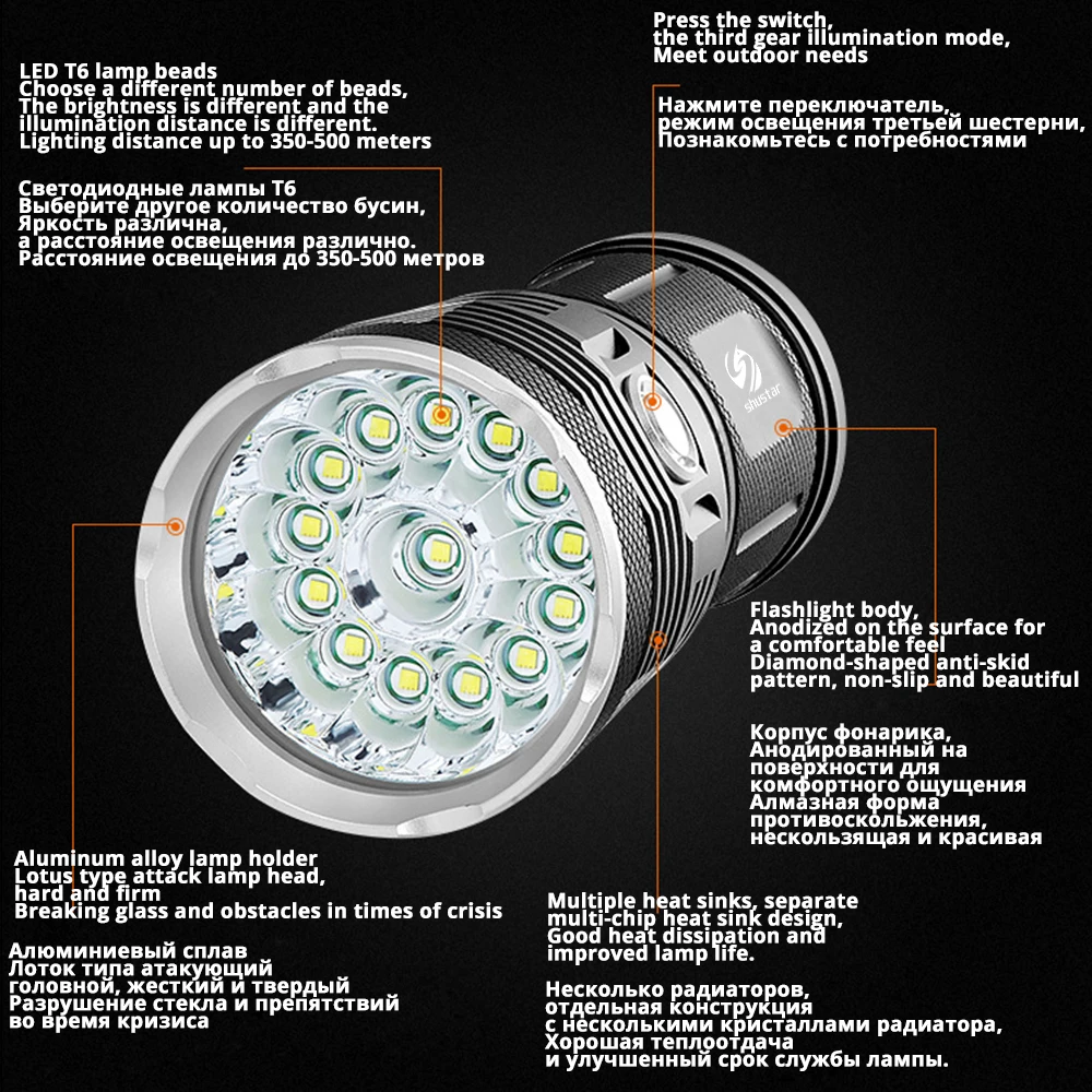 Powerful LED Flashlight with 18 x T6 LED Lamp bead waterproof searchlight Wide range Use 4 x 18650 battery of lighting