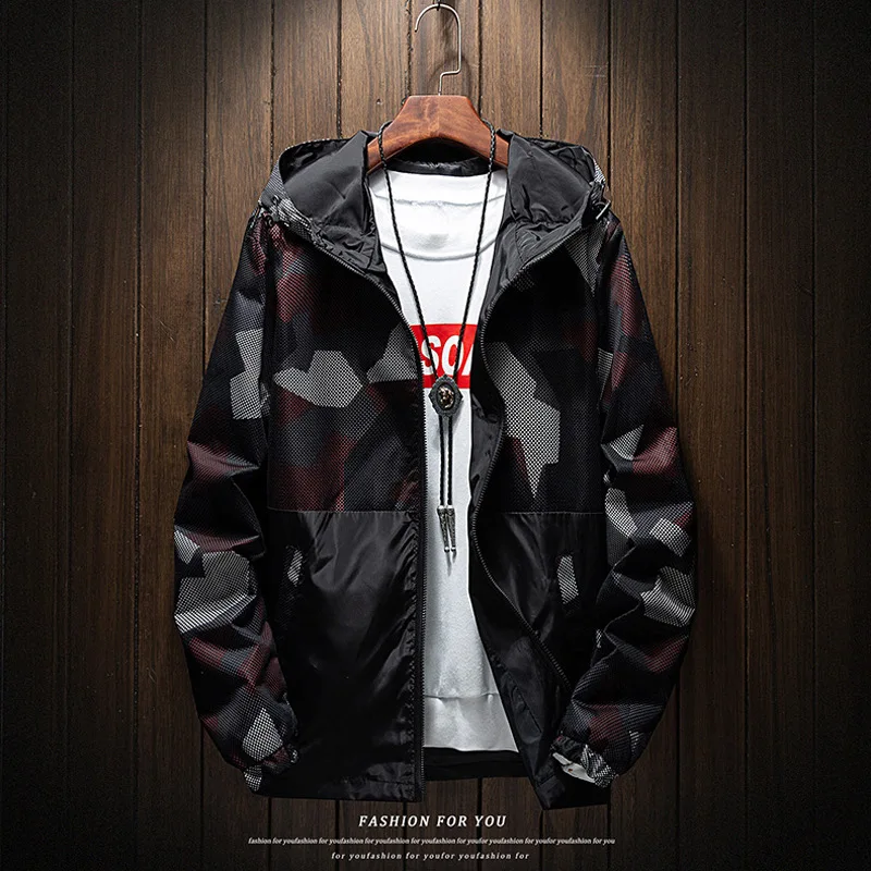 

2019 Autumn Men's Fashion Camouflage Print Windbreaker Hood Jacket Coats Branded Male Waterproof Bomber Jacket Plus Size