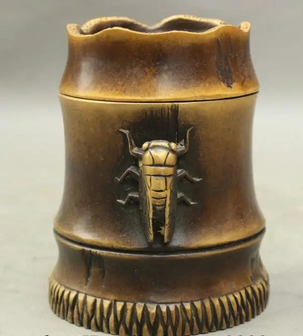 

S07000 Folk Chinese Bronze Lucky Animals Cicada Fu Bamboo Shape Statue Box Bowl Censer