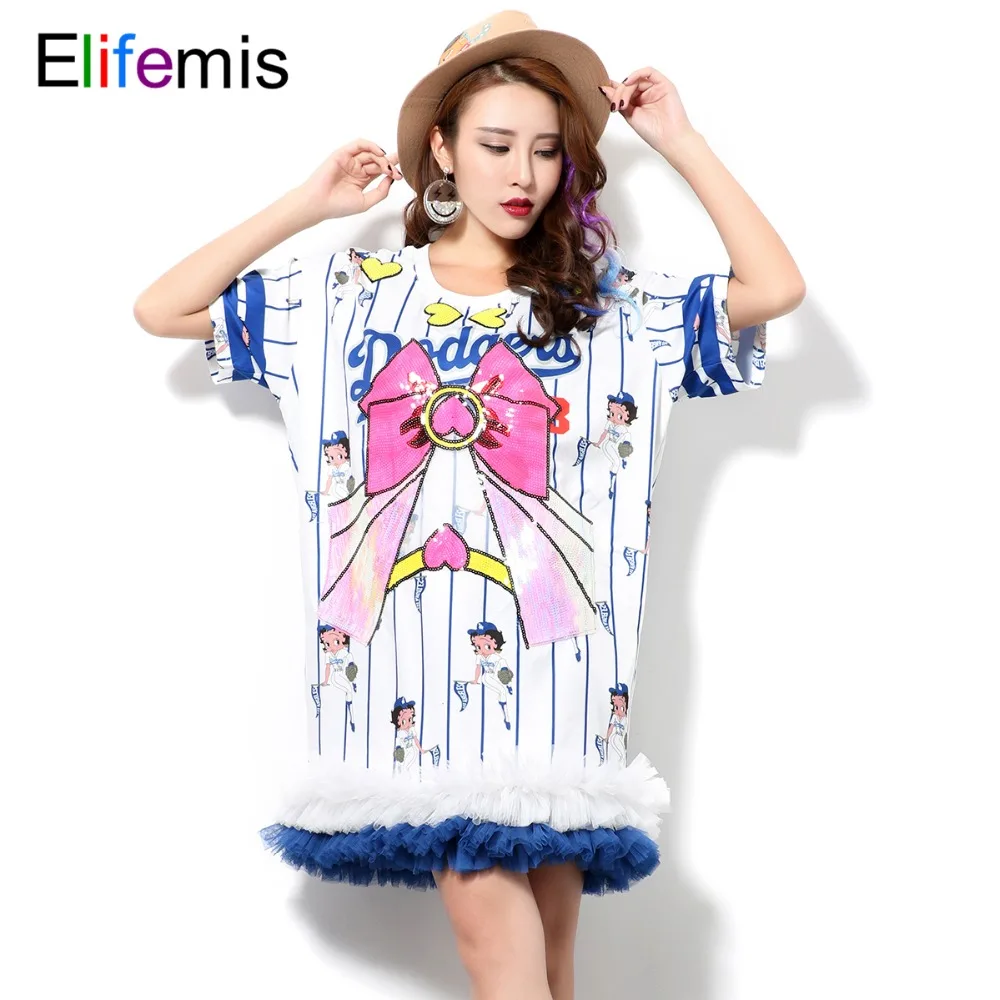 Elifemis white stripe Women Short Summer T shirt Dress