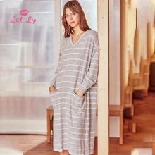 Lick Lip Autumn Gray Loose Striped Nightdress Women Home Service Casual Long Sleeves Pullover Nightdress SWD8294-4