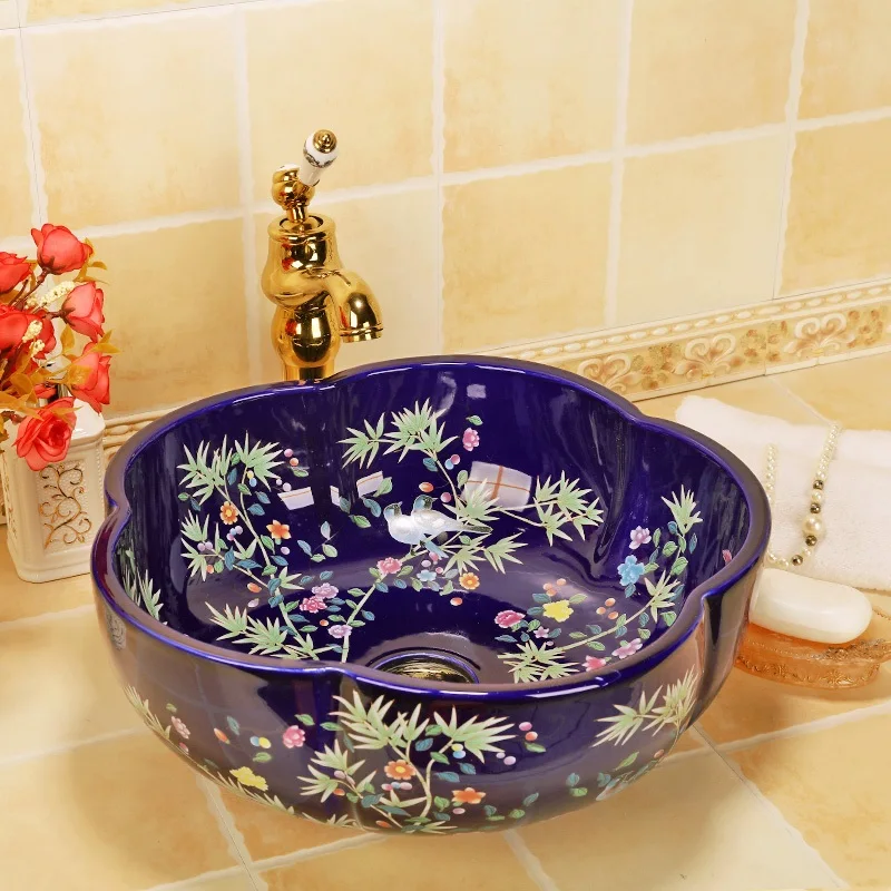 Flower and bird Art Basin Sinks Ceramic Counter Top Wash Basin Bathroom Vessel Sinks vanities new ceramic wash basin blue