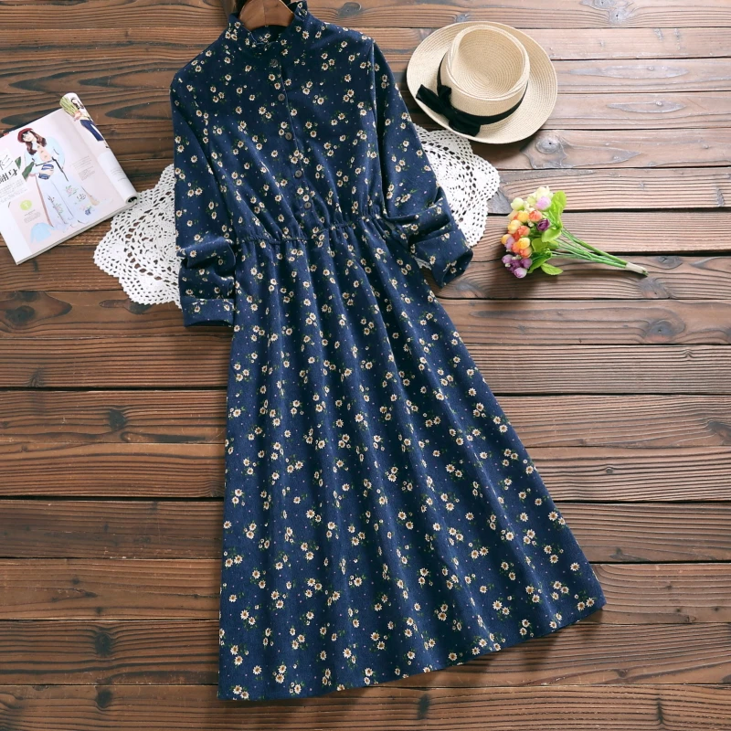

Mori Girl Long Vintage Dress 2018 New Autumn Winter Women Full Sleeved Floral Print Corduroy Dresses Navy Blue Vestidos