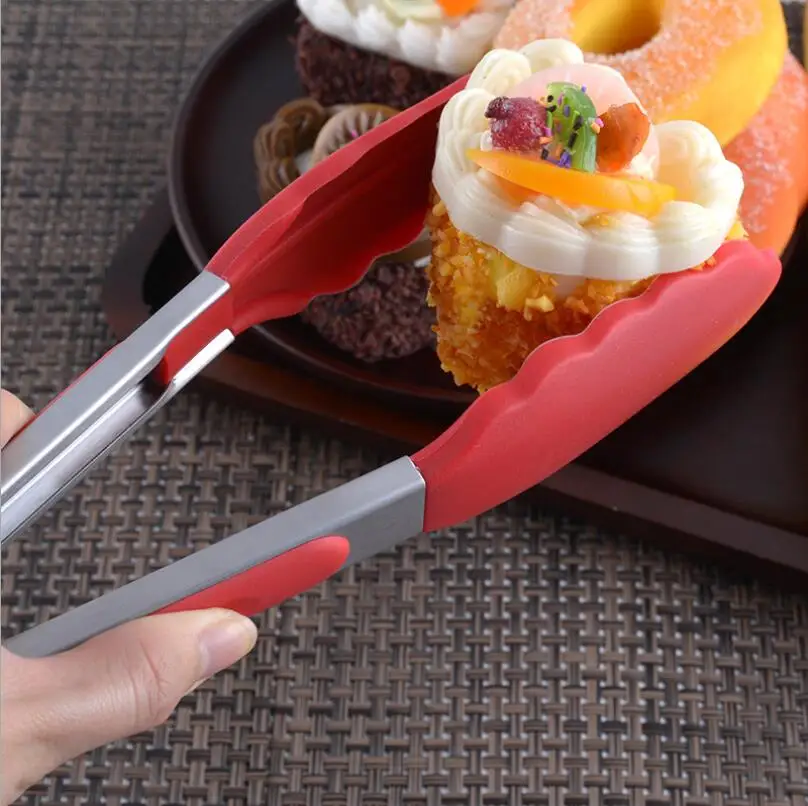 1 Piece BBQ Tongs Silicone Cover Handle Kitchen Tongs Lock Design