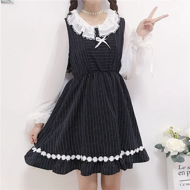 

Woherb Japanese Kawaii Clothes 2019 Striped Print Sleeveless Tank Dress and Perspective Ruffle White Blouse Women Two Piece Set