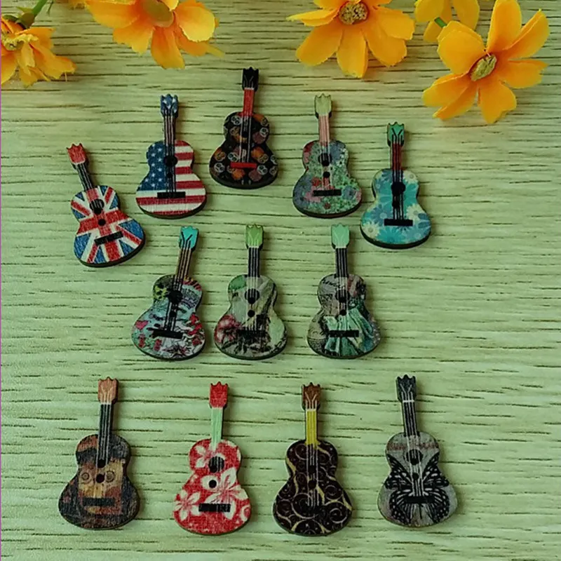 

Guitar Shape buttons mixed 50pcs printed Handmade wood buttons for Decorative children clothes 2 holes flat back sewing buttons