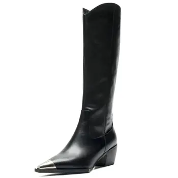 

Black White Metal Pointed Toe Cowboy Knee Boots Women Luxury Genuine Leather Combat Boots Ladies Square Heel Long Boots 2020