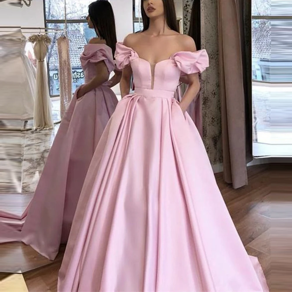 

Angel Married 2019 New Off Shoulder Pink Prom Dress with Pockets Ball Gown Floor Length Formal Evening Dress abiti di promenade