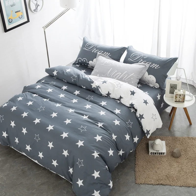 Grey color Star 100 Cotton font b Cute b font Bedding set Double Single size Queen