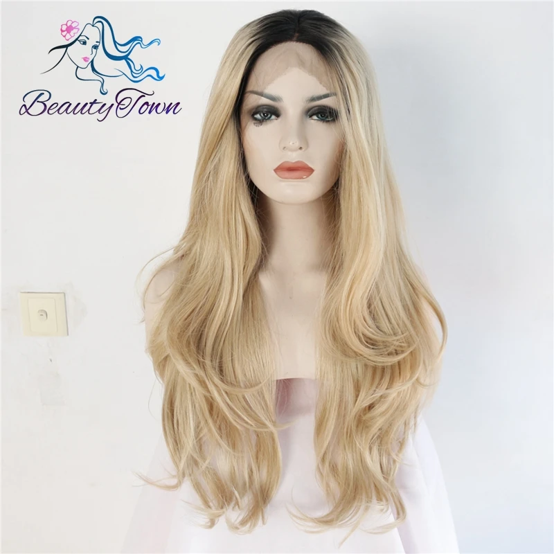

BeautyTown Black Omber Blond High Temperature Fiber Hair Natural Wavy Heat Resistant Glueless Synthetic Lace Front Daily Wig