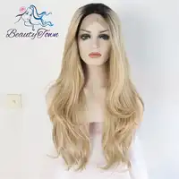 BeautyTown Black Omber Blond High Temperature Fiber Hair Natural Wavy Heat Resistant Glueless Synthetic Lace Front Daily Wig
