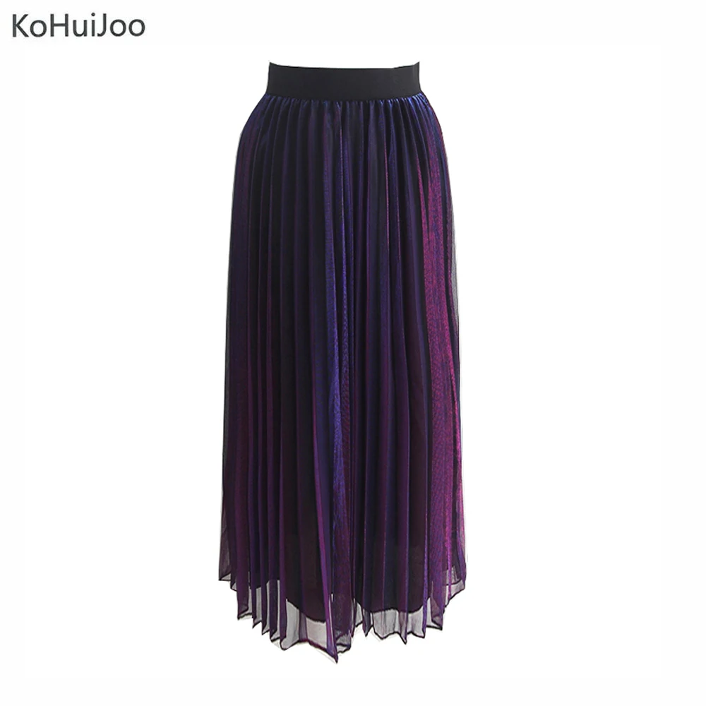 

KoHuiJoo 2019 Summer Midi Pleated Skirts Women Colorful Thin Gradient Skirt Female Fashion School Metallic Mesh Skirt Blue
