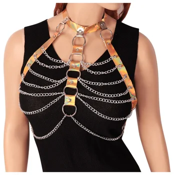 

Sexy Crop Top Leather Harness Chain Metal Steampunk Boho Straps Lingerie Adjustable Art Dance Party Hollow Out Cage Women Bra