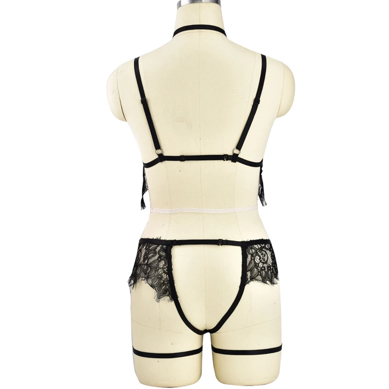 Lace Harness Top and Panties Black Elastic Body Harness Open Lingerie Set Erotic Women bdsm Lingerie Open Cup Bra Intimates Lace Harness Top and Panties Black Elastic Body Harness Open Lingerie Set Erotic Women bdsm Lingerie Open Cup Bra Intimates