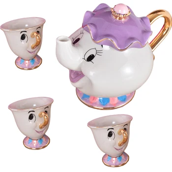

Beauty And The Beast Coffee Teaset Mrs Potts Chip Tea Pot Cup Set Sugar Bowl Pot Gift 18K Gold-plated Painted Ceramic Fast Post