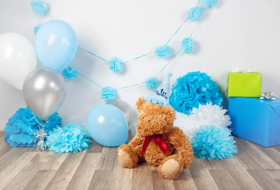 

Laeacco Balloons Teddy Bear Baby Birthday Party Floral Wooden Floor Photo Backgrounds Photographic Backdrops For Photo Studio