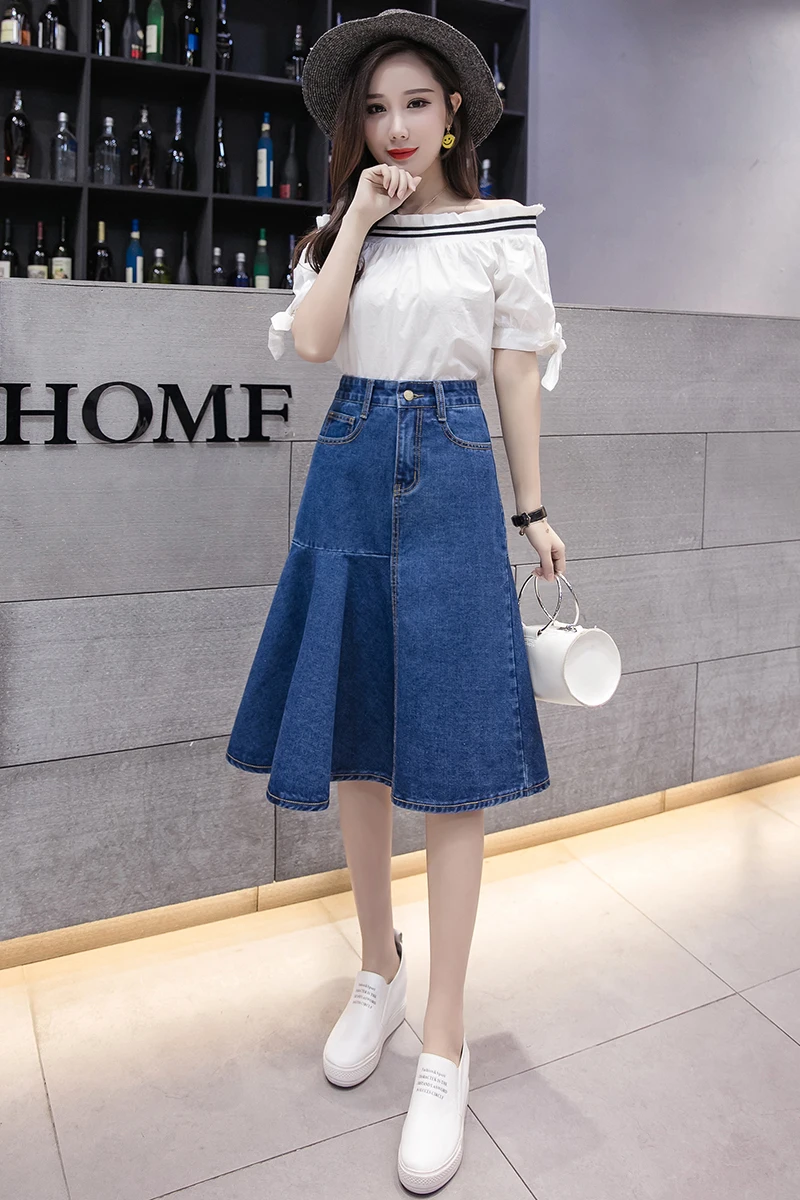 Long Denim Skirt Korean Fashion Sale 