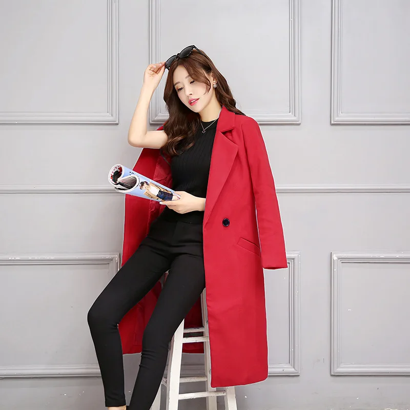 Unique Rouge De Élégant Cachemire Laine Slim Solide En Poitrine Gris Et Bureau rouge Long Veste Poches Femmes Manteau lTu51Fc3KJ