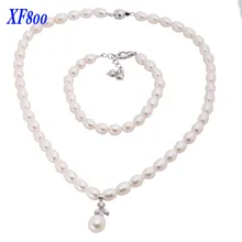 Очаровательные XF800 натуральные жемчужные Свадебные украшения наборы, 7-8 мм белый жемчуг ожерелье и браслет для womemX1218