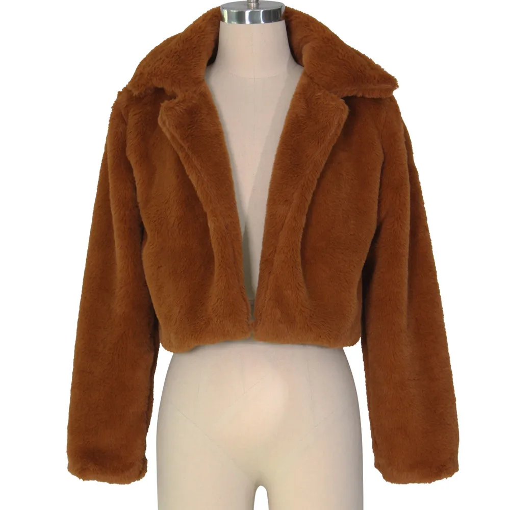 feitong Fashion Women Coat Fluffy Fleece Turn-down Collar Faux Fur Top Short Loose Coat Fashion women clothes 2018 Plus Size