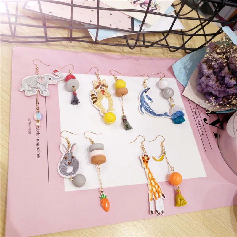 

Korean Handmade Cartoon Elephant Dolphin Raccoon Rabbit Asymmetry Cute Woman Dangle Drop Earrings Fashion Jewelry-JQD5