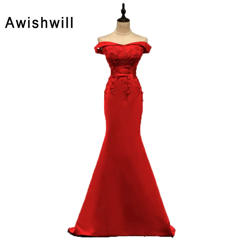 Vestidos de Noche бордовое кружевное платье с открытыми плечами и аппликацией сзади, атласные женские вечерние платья русалки, сексуальное длинное красное вечернее платье - Цвет: Красный