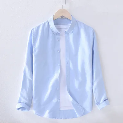Мужская весенняя и осенняя Модная брендовая винтажная простая однотонная хлопковая льняная рубашка с длинными рукавами в японском стиле мужская повседневная тонкая рубашка - Цвет: light blue