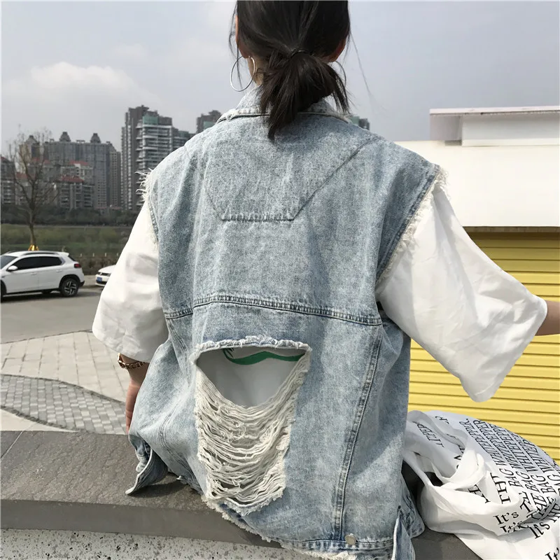 Women 2019 Spring Washed Big Hole Fringed Distressed Denim Vest Waistcoat Female Vest for Women Ssleeveless Jacket 3021
