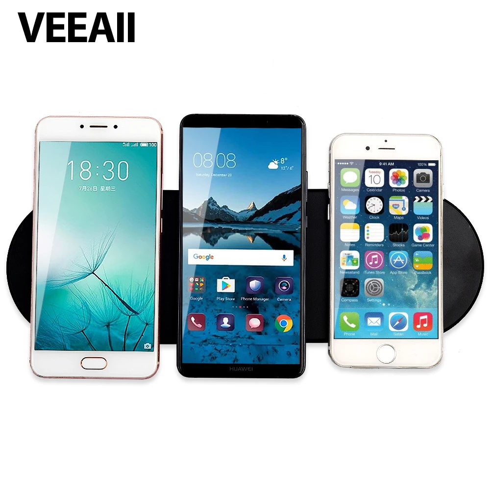 

VEEAII Hot sale Qi Wireless Charger 3 coils triple zones fast charging 9V1A low temperature iPhoneX 8 sharing technology