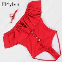 Floylyn слитный купальник с оборками с открытыми плечами Женская одежда для плавания кружевные купальные костюмы сексуальный бандаж монокини купальный костюм с пуш-ап