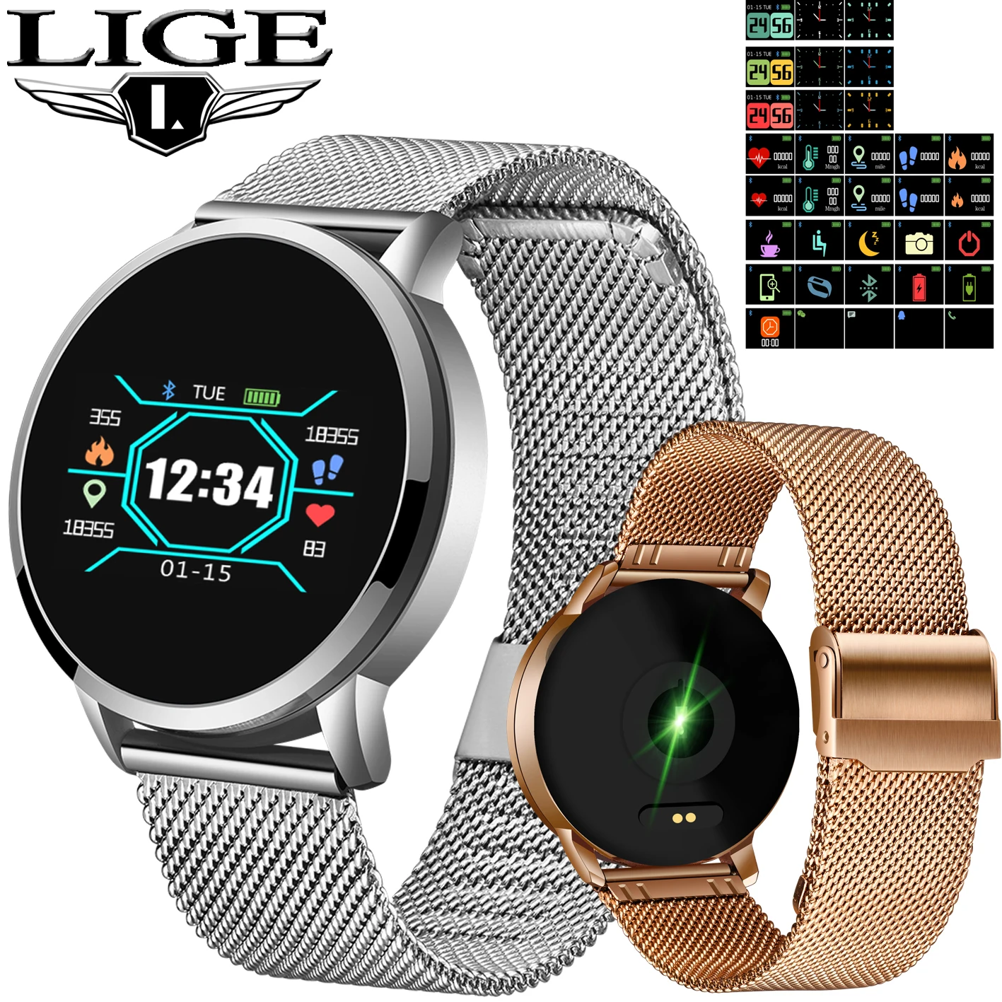 

LIGE Health Smart Bracelet Sport Smartwatch Men Waterproof Fitness Tracker heart rate blood Pressure Monitor Pedometer Wristband