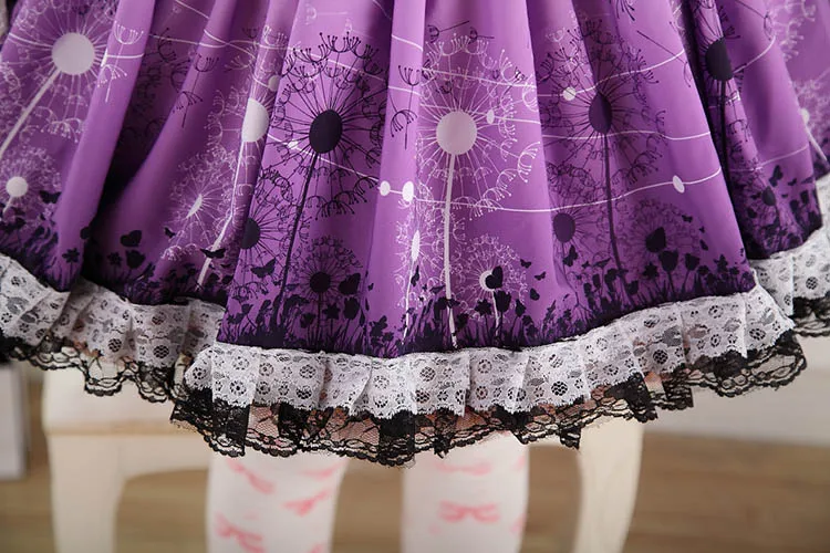 Романтический Фиолетовый Одуванчик печатных сладкий Лолита плиссированные джемпер Лолита юбка с Кружево Отделка