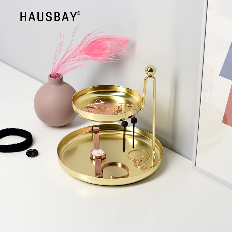 

Nordic Style Double Layer Metal Jewelry Storage Rack Desktop Decor Shelf Jewelry Display Tray Fruit Bowl Golden Candy Dish 04317