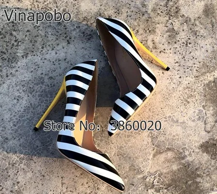 Женские туфли на высоком каблуке VINAPOBO черные или белые элегантные в полоску с