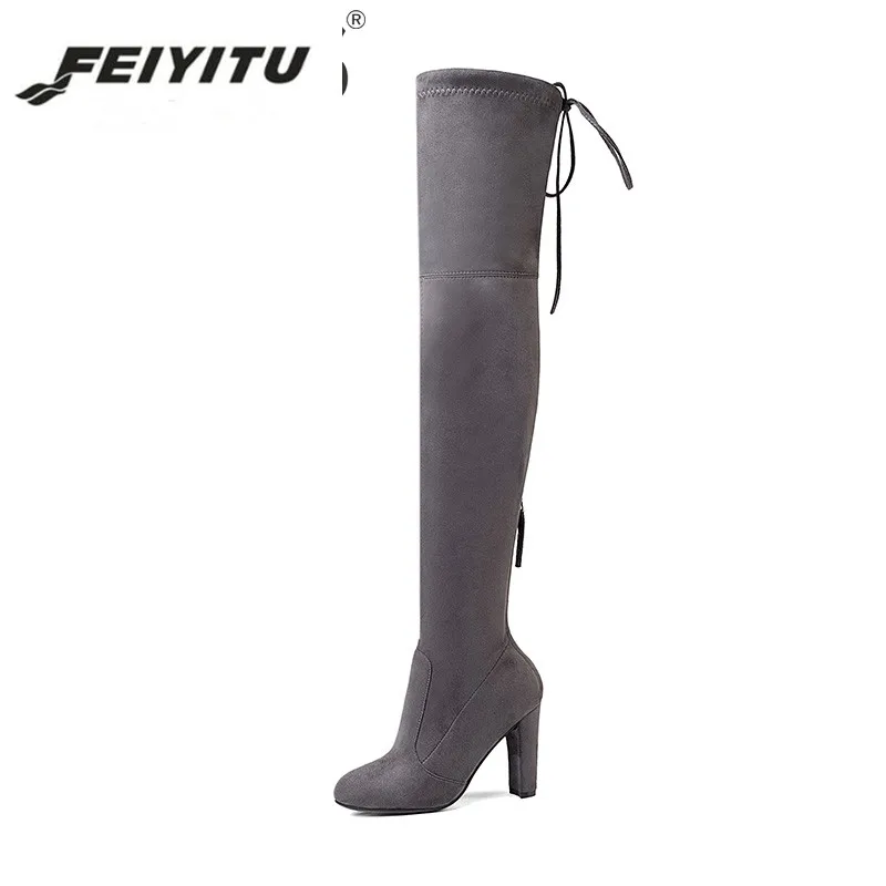 

feiyitu 9 Colors Sexy Lady Stretch Thigh High Boot High Heels Winter Woman Over the Knee Boot Faux Suede Women Shoes Big Size