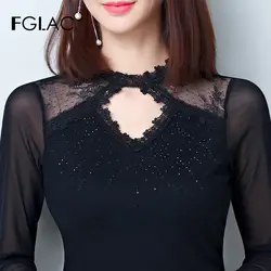 FGLAC женские футболки модные повседневные Длинные рукава Лоскутные сетчатые топы элегантный тонкий шнурок рубашка женские топы и блузы