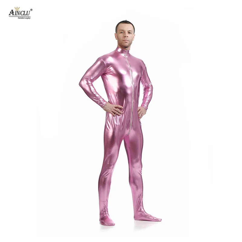 Ainclu комбидресс из спандекса блестящий сексуальный розовый мужской Zentai для