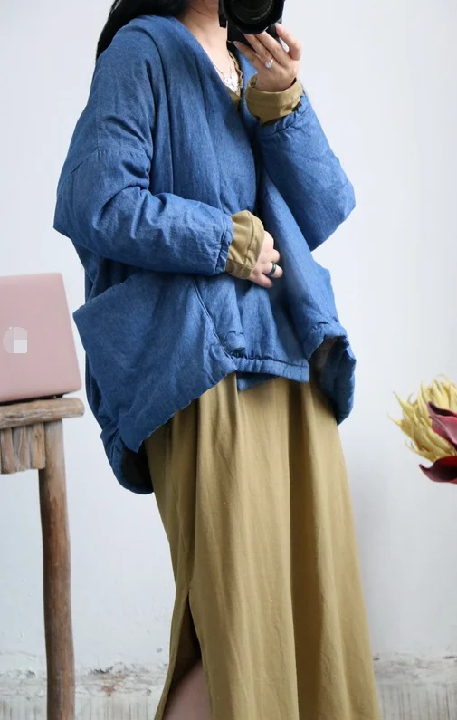 YoYiKamomo, женские парки, новинка, оригинальная Толстая зимняя теплая однотонная джинсовая одежда с хлопковой подкладкой, свободное Женское пальто