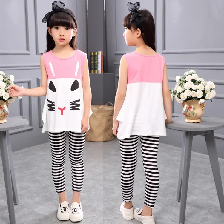 

Girls Clothes Set Summer Kids Cute Cartoon T-shirt Striped Pants Outfit Suit 2Pcs Sleeveless Children Clothing Set