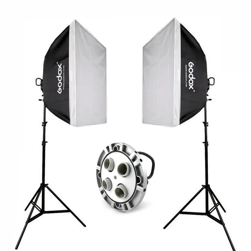 

2x Godox TL-4 E27 4 Socket Studio Lighting Bulb Light Holder Head Kit + 60x90cm Softbox + 2m Stand + 33" Black & Silver Umbrella