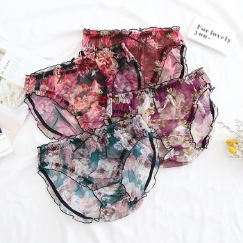 

Large Size Underwear Women Panties Plus Size Briefs Sexy Lace Flowers Transparent Mesh Bow Ruffles Panties Ladies Cotton Crotch