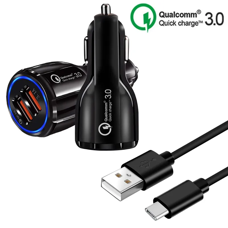 

For Samsung A50 S10 S8 Bluboo S3 QC 3.0 USB Quick Charge Phone Car Charger Adapter & Type C Cable For Xiaomi Mi 9 8 Doogee Mix 2