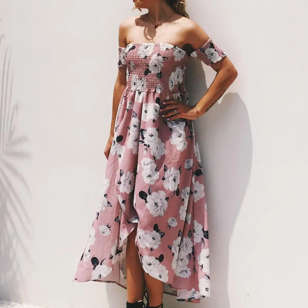 

VZFF Boho Pink Off Shoulder Botanical Print Maxi Floral Dress High Waist Modern Lady Women Dresses