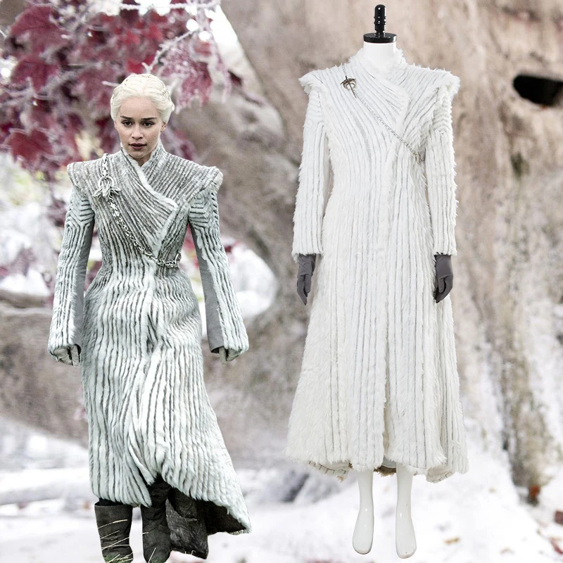 

Game of Thrones Season 7 E6 Daenerys Targaryen Cosplay Costume Dragonstone Winter Outfit Halloween Dany Cosplay Long Snow Dress