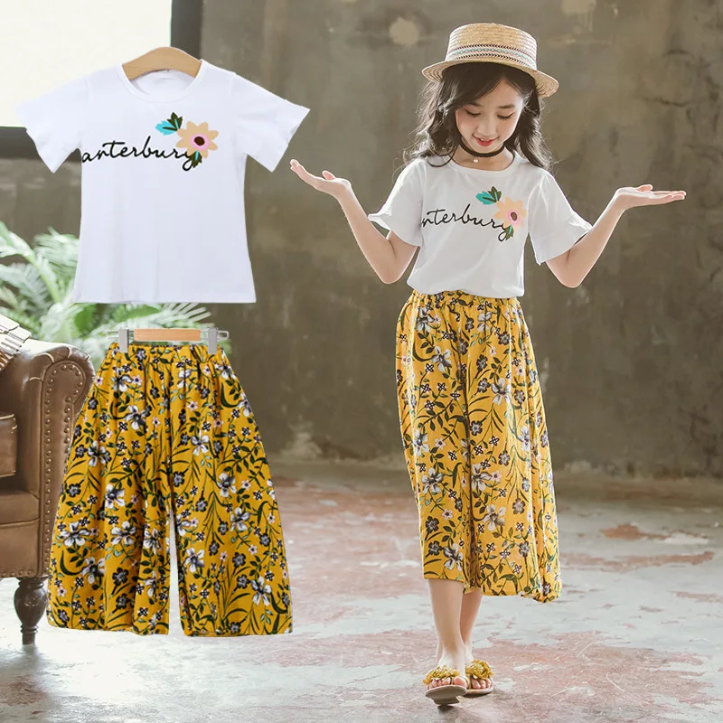 

Teenager Summer Little Girls Short Sleeve T Shirt +Pants 2pcs Clothing Sets Tracksuit For Girls Bohemia Floral Clothes Set New