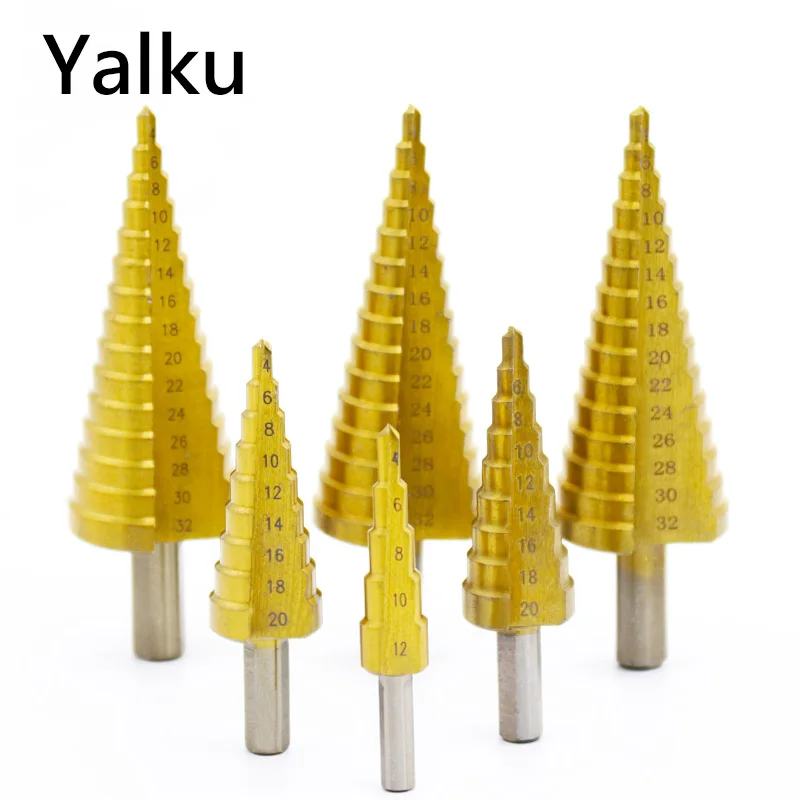 

Yalku HSS Titanium Coated Step Drill Bits for Metal High Speed Steel Wood Drilling Power Tools Hole Cutter Step Cone Drill Bits